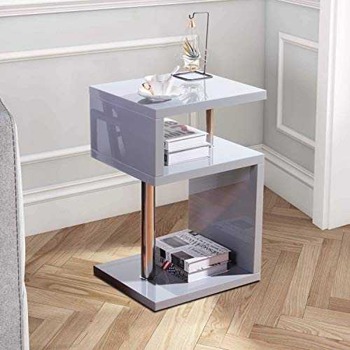 GOLDFAN High Gloss S-Shape Side End Table Heightened with 3 Tier Storage Shelves Modern Coffee Sofa Table Bedside, Grey