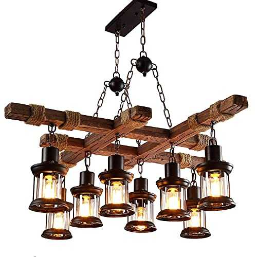 Vintage Chandelier Lighting 8-Head, Heavy Retro Rustic Farmhouse Wood Ceiling Lights Pendant with Glass Lantern Shade, Industrial Steampunk Pendant Light Fixtures for Kitchen Island Dining Restaurant