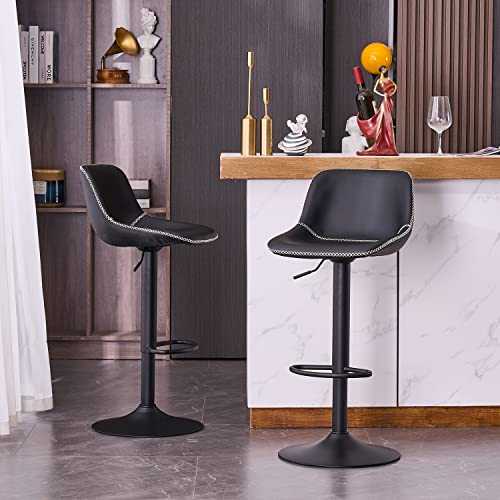 YOUNIKE Barstools Set of 2, PU Leather Counter Height Bar Stools, Adjustable Hydraulic Swivel Island Bar Stool with Back,Home and Kitchen- Black
