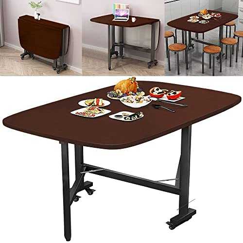 Rukulin Foldable Dining Table – Solid Wooden Drop Leaf Kitchen Table with 6 Wheels for Dining Room (Brown)