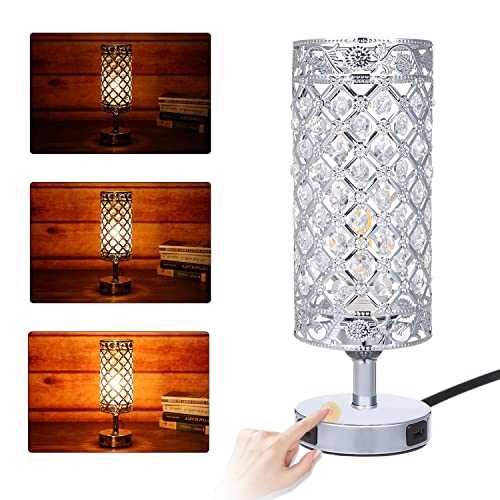 Touch Control Crystal Bedside Table Lamp with 2 USB Charging Port Dimmable Silver Table Lamp with Glitter Lampshade for Bedrooms (Bulb Included)