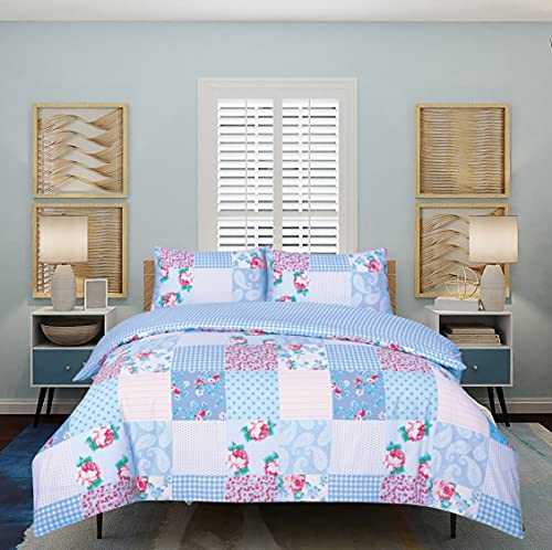 Printed Duvet Quilt Cover Luxury 3 Piece Bedding Set (Floral Blue, Double)