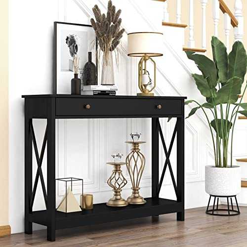 Treocho Oxford Design Console Table with 1 Drawer, Foyer Sofa Table Narrow for Entryway, Black