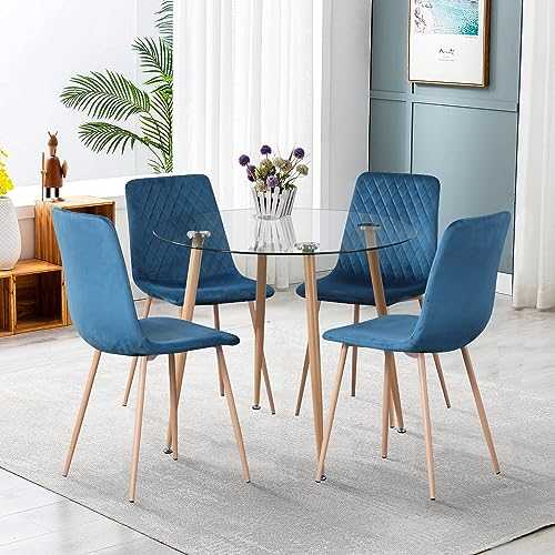 GOLDFAN Dining Table Set Round Glass Dining Room Table and Velvet Chairs Set 4 for Small Spaces Kitchen Table with 4 Chairs Home Furniture,Blue