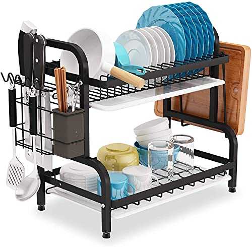 COVAODQ Dish Drying Rack, 2-Tier Compact Kitchen Dish Rack Drainboard Set, Large Rust-Proof Dish Drainer with Utensil Holder, (Black)