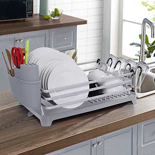 Dish Drying Rack, Compact Rustproof Dish Rack and Drainboard Set, Dish Drainer with Adjustable Swivel Spout, (Silver)