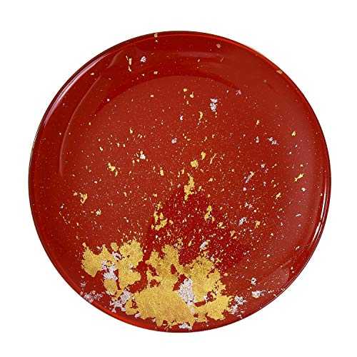 Syosaku Japanese Urushi Glass Flat Dinner Plate Φ11-inch Vermilion with Gold Leaf, Dishwasher Safe