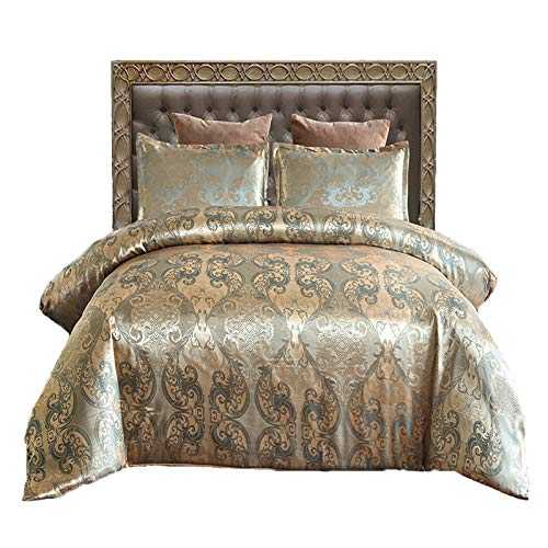 STYHO 100% Microfibre Luxury Jacquard Floral Satin Duvet Cover Bedding Set with Pillowshams(King,Gold)