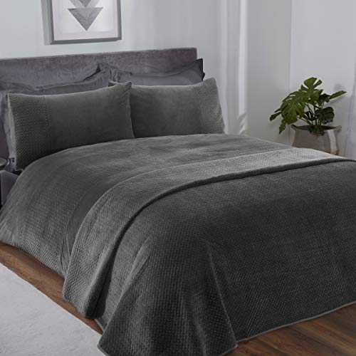Sleepdown Pinsonic Grey Velour Geometric Panel Band Super Soft Cosy Luxury Duvet Cover Quilt Bedding Set with Pillowcases - Double (200cm x 200cm)