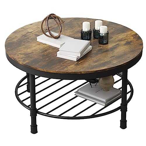 CADMIC 31.5 Inch Round Industrial Coffee Table for Living Room