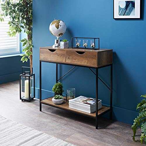 E2B® 2 Drawers Console Table Black Metal Frame and Wooden Drawers, Side Table for Home and Office, Wooden End Table