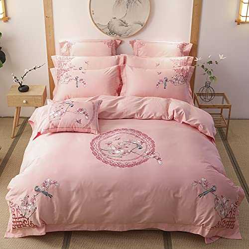 SDGF-YTR Duvet Cover 4 Pieces Set, Red and Pink 100% Long Staple Cotton Wedding Bedding Duvet Cover Set, Luxury Embroidery Quilt Cover Set(Size: King/Queen) (B King)