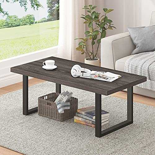 IBF Modern Coffee Table, Wood and Metal Simple Industrial Rustic Center Table, Minimalist Rectangle Wooden Farmhouse Cocktail Table for Living Room and Small Space, Grey Oak, 47 Inch
