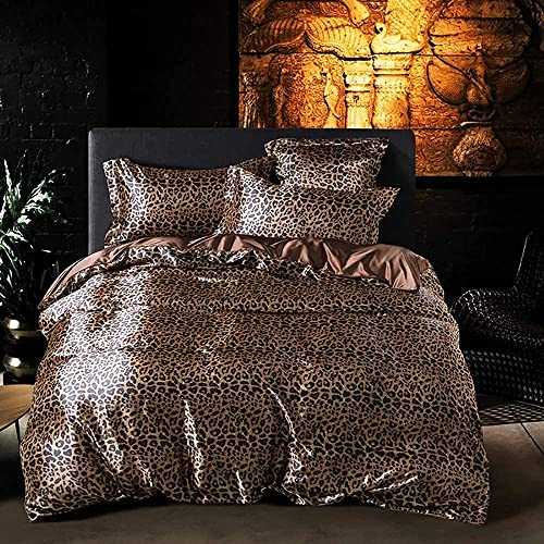 Whp Satin Duvet Cover Set Double, Luxury Bedding Set King Size, Satin Duvet Cover Set Comforter Flat Sheet Pillowcases Soft Cool Breathable Comfort Adult Double King Sizes Leopard Print (