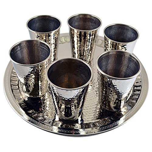6 X CopperBull Thickest Heaviest Hammered 1 mm Copper Tumbler Cup Mug Set with TRAY for Water Moscow Mule Ayurvedic Healing,14 Oz (Silver)