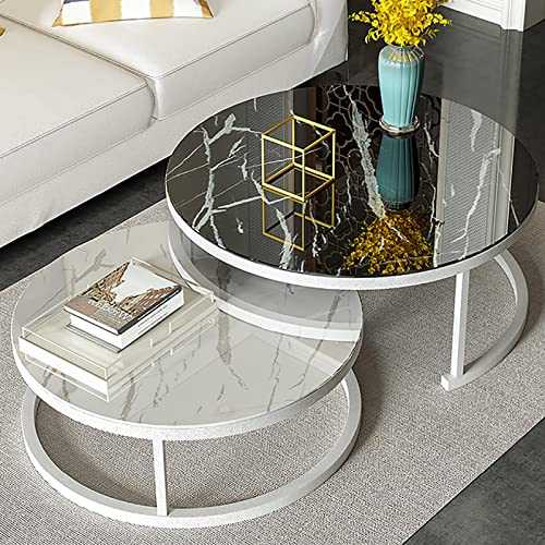 Modern Round Coffee Table,Nesting Table Tempered glass and Metal,Side Table Set of 2,Sofa Table Center Tables Living Room (Color : White Frame, Size : 28in+20in)
