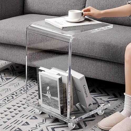 Onelux Mobile C Shaped End Table,Acrylic Sofa Side Table, Snack Table On Wheels,Clear Rolling Table