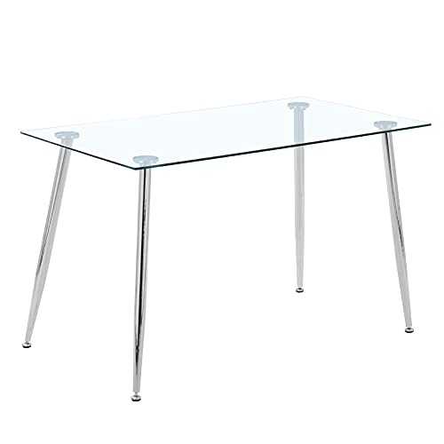GOLDFAN Dining Table Modern Rectangle Tempered Glass Kitchen Table with Adjusted Chrome Legs for Dining Room Home Lounge