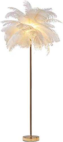 HIGHKAS 1.55M Tall Nordic White Natural Ostrich Hair Standing Lamp,Metal Electroplated and Round Base, Living Room Bedroom Office Hallway,Feather Floor Lamp -