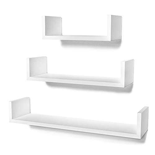 STOREMIC Floating Shelves Easy to Install Wall Shelves Pack of 3 with Length 60cm, 45cm, 30cm, U-Shaped White Wall Shelf for Kitchen, Living Room, Bathroom and Bedroom, etc