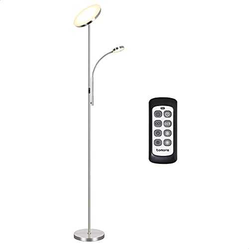 Tomons Uplighter Floor Lamp, LED Standing Light Tall Lamp Dimmable, Dimmer Reading Lamp, 3 Colour Temperatures with Remote Control, for Living Room, Office, Bedroom, Silver, 30 W