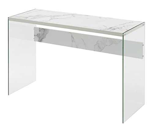 Convenience Concepts Console Table/Desk, Hollow core Engineered Wood Melamine Laminate Tempered Glass, Faux White Marble, 44 in x 16 in x 30 in