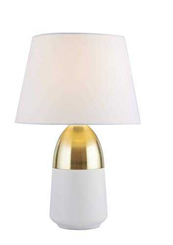 Lighting Collection Modern Classic 1 Light Touch Table Lamp with White Drum Shade, Brushed Brass and White Base