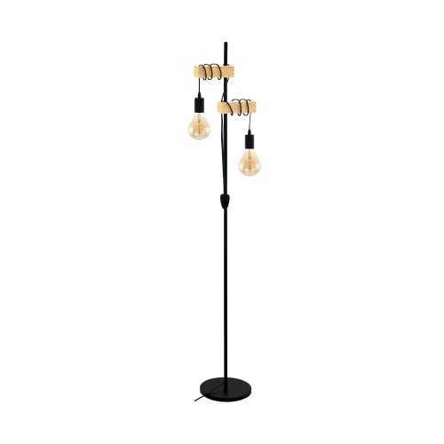 EGLO Townshend floor lamp, 2-flame vintage/industrial design floor light, retro standing light made from wood and steel, Colour: Black, brown, Socket: E27, incl. switch