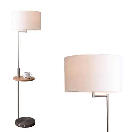 Modern Standing Floor Lamp and Built-in Tray-Table with E27 Bulb Base On/Off Switch and USB Charging Port, Satin Nickel Finish with White Fabric Drum Shade