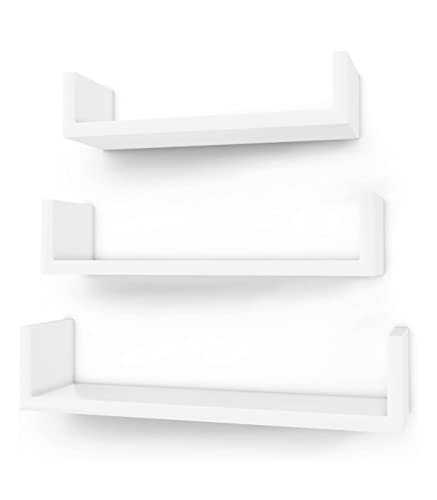 SONGMICS Set of 3 Modern Wall Shelves, Floating MDF Storage Shelving with High Gloss Finish, and Invisible Mounting, White LWS40WT