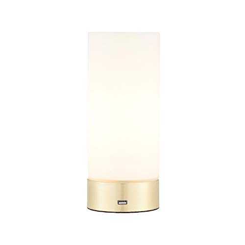 Dasha Modern Brushed Brass & Frosted Glass Cylinder Bedside Touch Dimmable Touch Sensitive Control Table Lamp with USB Charging Port - Perfect for Mobile Phones, Tablets & Other Devices