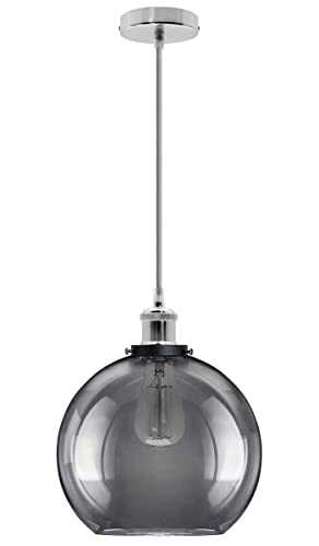Industrial Vintage Grey Smoke Glass Globe Pendant Light Round Ceiling Lamp Shade Antique Chrome Holder M0097F