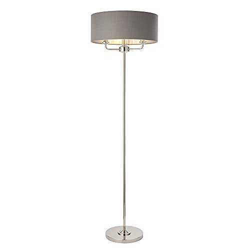 Celeste Decorative Standing Floor Lamp - Bright Nickel Floor Lamp with a Charcoal Coloured Fabric Shade - On/Off Foot Switch - E14 Candle - Tall Indoor Standing Floor Light
