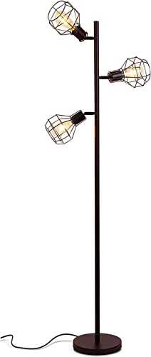 Brightech Robin - Industrial Tree Floor Lamp with 3 Cage Heads & Vintage Edison Bulbs - Rustic, Farmhouse Pole Light for Living Rooms - Free Standing LED Lighting for Bedroom - Black
