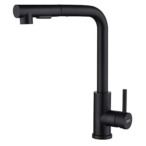 AMAZING FORCE Kitchen Sink Mixer Tap, Pull Out Kitchen Faucet with 2 Water Modes Stream and Spray, Single Handle for Water Temperature Adjustment, 360° Swivel High Arc Kitchen Faucet (Matte Black)