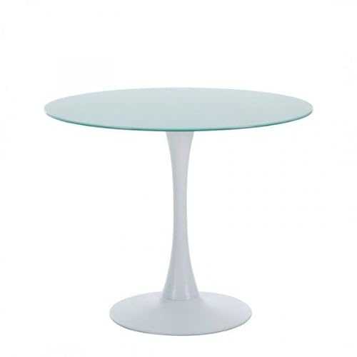 Tulip Table, Designer Table, Metal Base, Glass Top with White Finish, 90 cm Diameter. Matching Chairs and Armchairs Available. Iberahome
