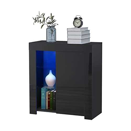 CLIPOP Modern Black LED Sideboard Matt Body and High Gloss Fronts Door Storage Sideboard Cabinet Cupboard with 2 Glass Shelves Display Cabinet Unit for Living Room Dining Room Furniture