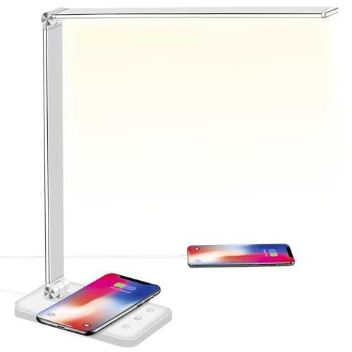 LED Desk Lamp with Wireless Charger, USB Charging Port, BIENSER Table Lamp with 10 Brightness Level, 5 Lighting Color, Dimmable Eye-Caring Desk Lamps for Home Office, Touch Control,30/60min Auto Timer