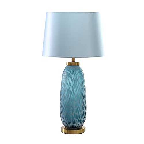 OMING Table Lamps Modern Glass Table Lamp Creative Simple Living Room Bedroom Bedside Lamp Blue Glass Fabric Lampshade Button Switch Lighting Lamp Modern Nightstand Light (Size : B)