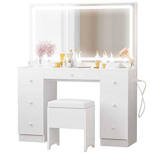 IRONCK Vanity Desk Set with LED Lighted Mirror & Power Outlet, 7 Drawers Makeup Vanities Dressing Table with Stool, for Bedroom, White