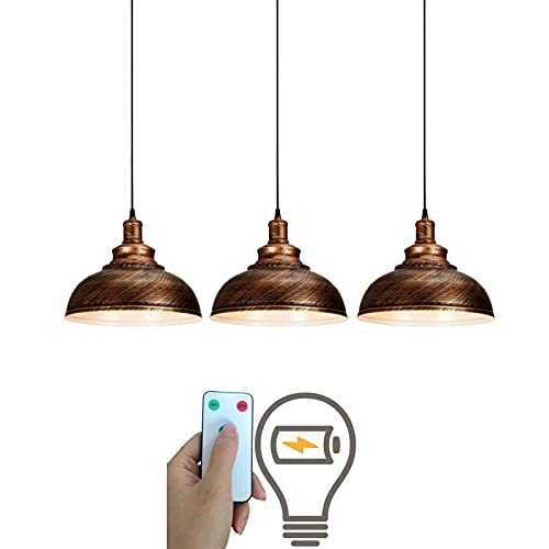 3 pack Wireless Dimmable Pendant Light Industrial Hanging Pendant Lights, Led Battery Operated Remote Control Indoor Adjustable Vintage Hanging Light Fixture for Home Kitchen Lighting,Bulb Included