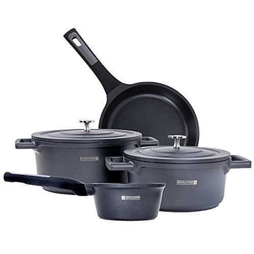 Royalford 4Pc Cast Aluminium Cookware Set | Includes 1PC Saucepan, 1PC Frypan/Frying Pan and 2 PC Casserole/Stockpot with Lids | Induction safe with Non-Stick Coating | Heat Resistant Exterior | Black