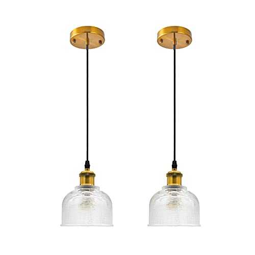 Vintage Industrial Pendant Lights Ceiling Set of 2, 6.2” Steampunk Hanging Ceiling Lighting Fixtures with Retro Glass Lampshade, Brass Finished E27 Light Fitting for Bedroom Kitchen Island Loft Bar