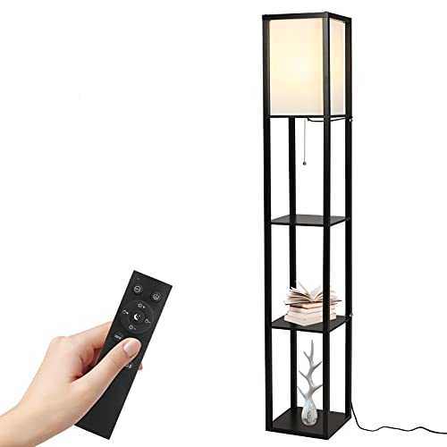 Tomshine Floor Lamp with Shelves, 3 Layers Wooden Shelf Tall Lamps with Remote Control Modern Standing Lamps for Living Room Office Home Decoration (Bulb Included) (Black)