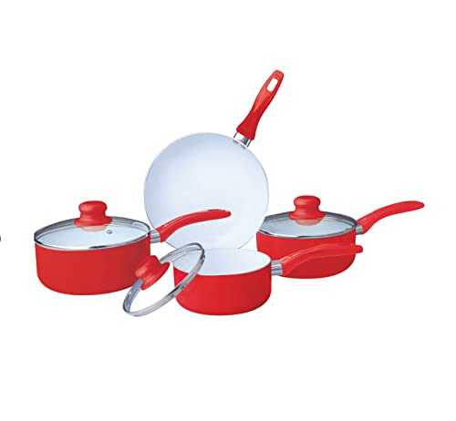 PRIMA Ceramic Coated Cookware Set, Set of 7, Red/ White
