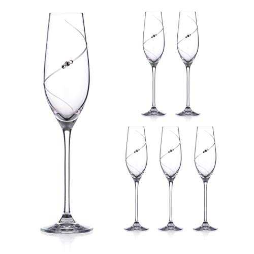 DIAMANTE Swarovski Champagne Flutes Prosecco Glasses with ‘Silhouette’ Hand Cut Design Embellished with Swarovski Crystals - Set of 6