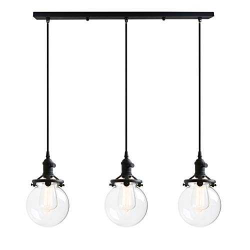 Phansthy Vintage Pendant Light with Switch, Adjustable Cord Wire Hanging Lamp Cluster Chandelier with Globe Clear Glass Shade, Indoor Modern Ceiling Light Fixtures for Kitchen Living Room (Black)