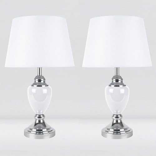 Set of 2 Contemporary Chrome & White Urn Style Table Lamp or Bedside Lights with White Shades