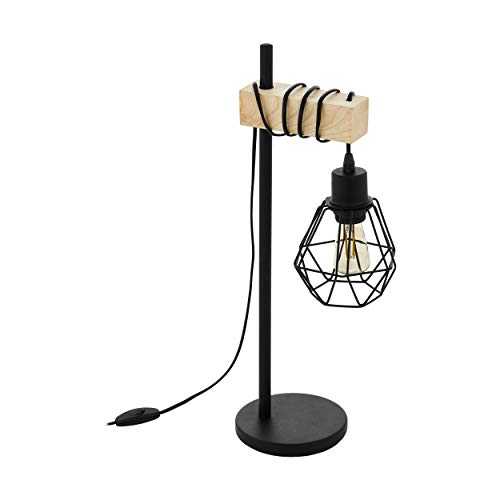 EGLO Table Lamp Townshend 5, 1 Bulb Vintage Table Light in Industrial Design, Retro Lamp, Bedside Lamp made of Steel, Wood, Colour: Black, Brown, Socket: E27, incl. Switch