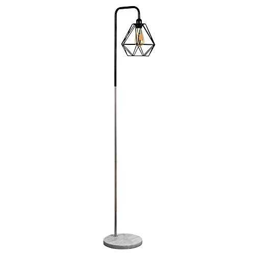 Retro Style Black/Chrome Metal & White Marble Base Floor Lamp - Complete with a Gloss Black Metal Basket Cage Shade